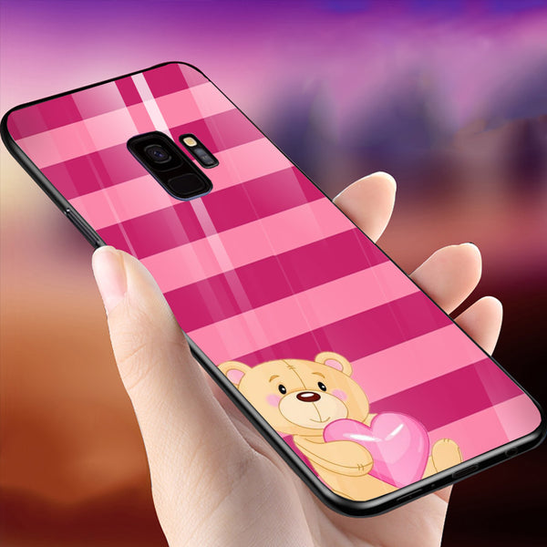 Cute Teddy Bear Tempered Glass Phone Case for Samsung Galaxy S9