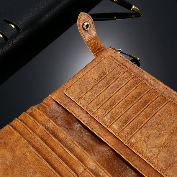 Retro Genuine Leather Dual Zipper Pocket Phone Wallet Clutch Bag Handbag