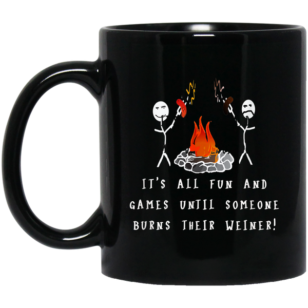 Funny camping burnt weiner Coffee Mug - Double-Sided Print 11 oz. Black Mug