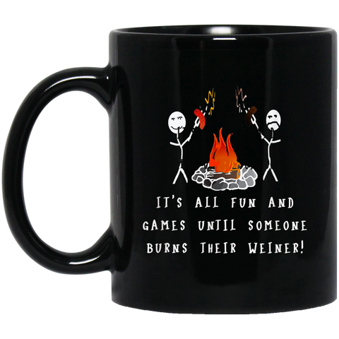 Funny camping burnt weiner Coffee Mug - Double-Sided Print 11 oz. Black Mug