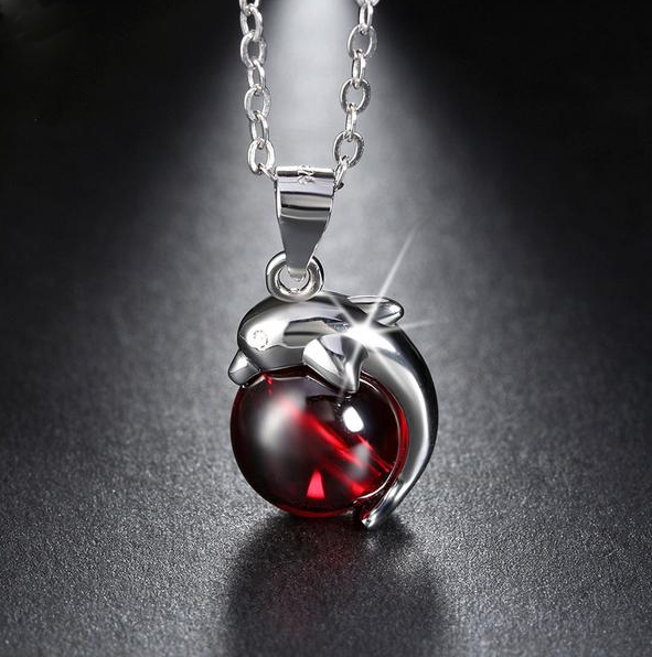 Sterling Silver Red Stone Dolphin Pendant Necklaces