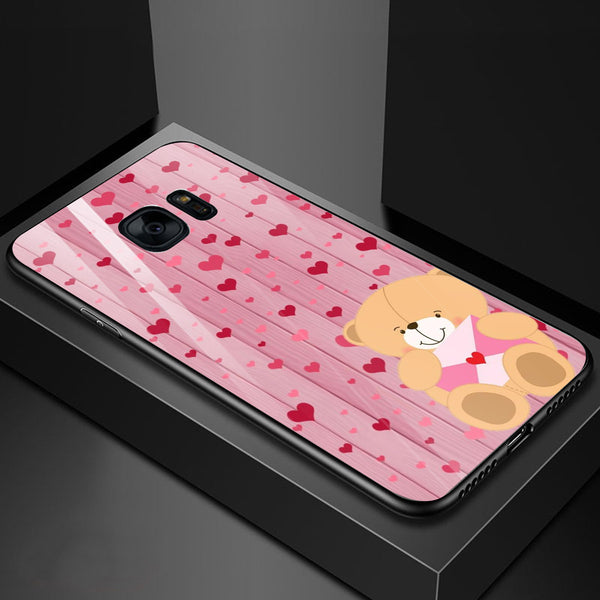 Cute Teddy Bear Tempered Glass Phone Case for Samsung Galaxy S7