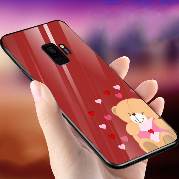 Cute Teddy Bear Tempered Glass Phone Case for Samsung Galaxy S9