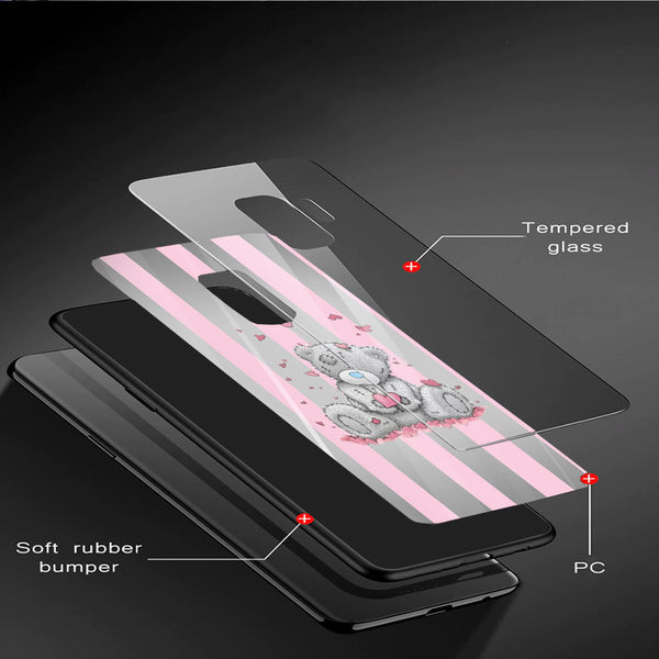 Cute Teddy Bear Tempered Glass Phone Case for Samsung Galaxy S9 Plus