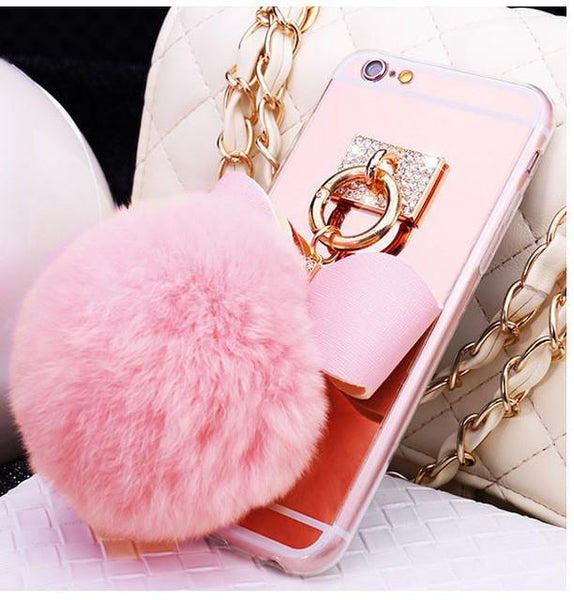 Handmade Luxury Rhinestone Bowknot Fur Ball Mirror
