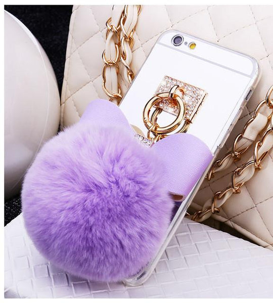 Handmade Luxury Rhinestone Bowknot Fur Ball Mirror